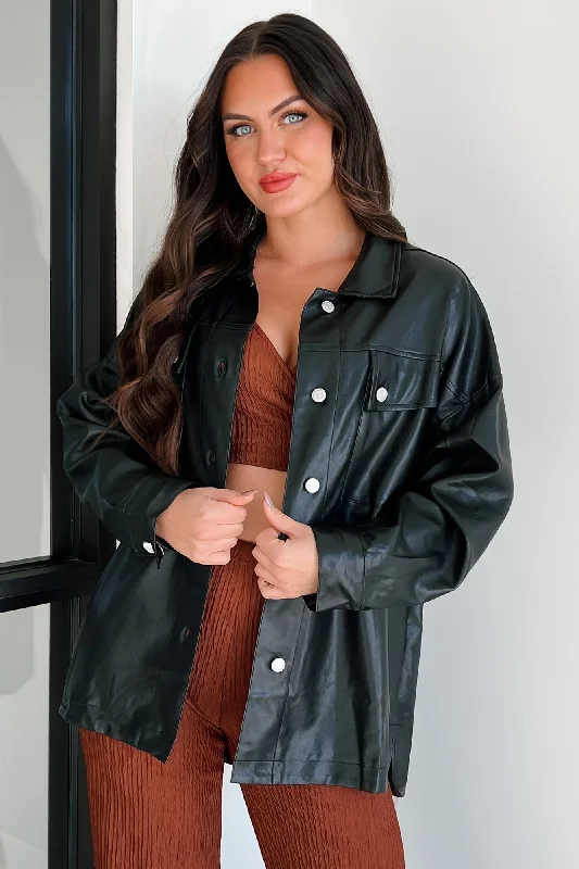 Women's Cozy Outfit For Lounging Baddie Alert Faux Leather Shacket (Black)