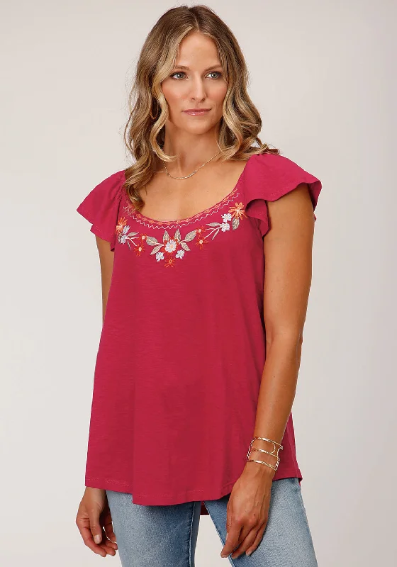 Comfortable Casual Women's Clothing Roper Womens Floral Gathers Raspberry 100% Cotton S/S Tunic