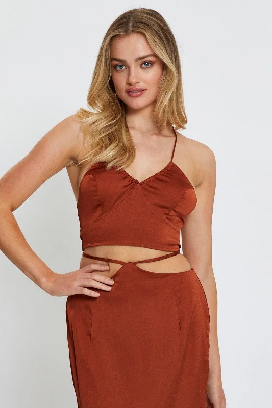 Women Clothes Brown Cami Top Halter Satin