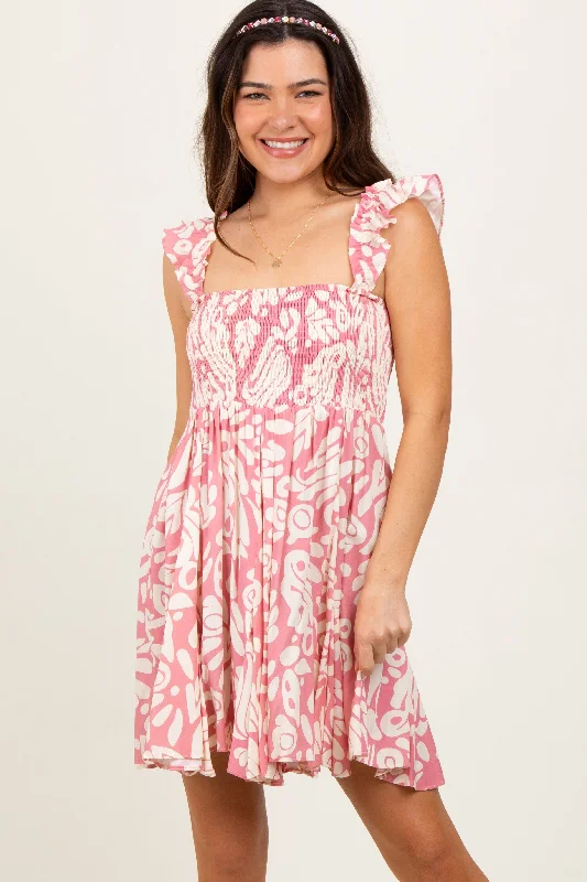 Retro Style Promotions Pink Printed Smocked Ruffle Strap Dress