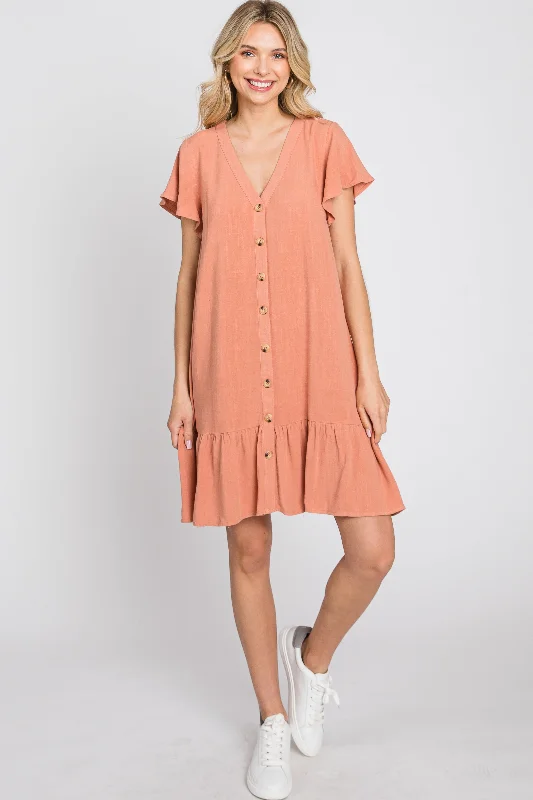 Refresh Your Wardrobe With Our Fashion Deals Salmon Button Accent Ruffle Hem Dress