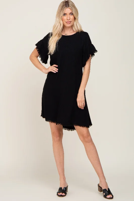 Premium Pieces At Prices You'Ll Love Black Frayed Trim Back Keyhole Linen Dress
