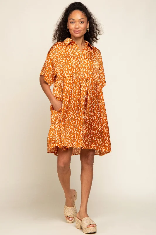 Trendy Women's Outfits Now At Irresistible Prices Rust Printed Satin Collared Dress