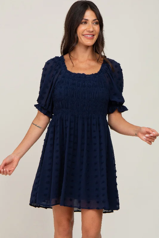 Women's Urban Clothing Navy Blue Textured Polka Dot Chiffon Smocked Dress
