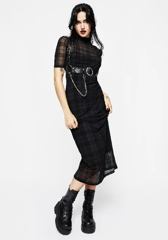 Don't Miss Out Buffy Flocked Velour Check Mesh Bodycon Midaxi Dress
