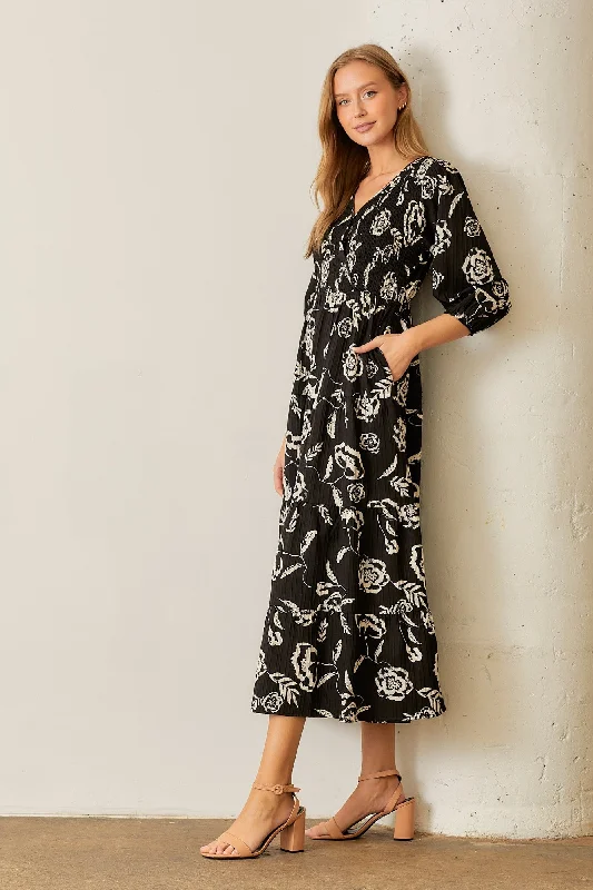 Women's Chic Fashion At Special Promotional Prices Black Floral Smocked Tiered Dress