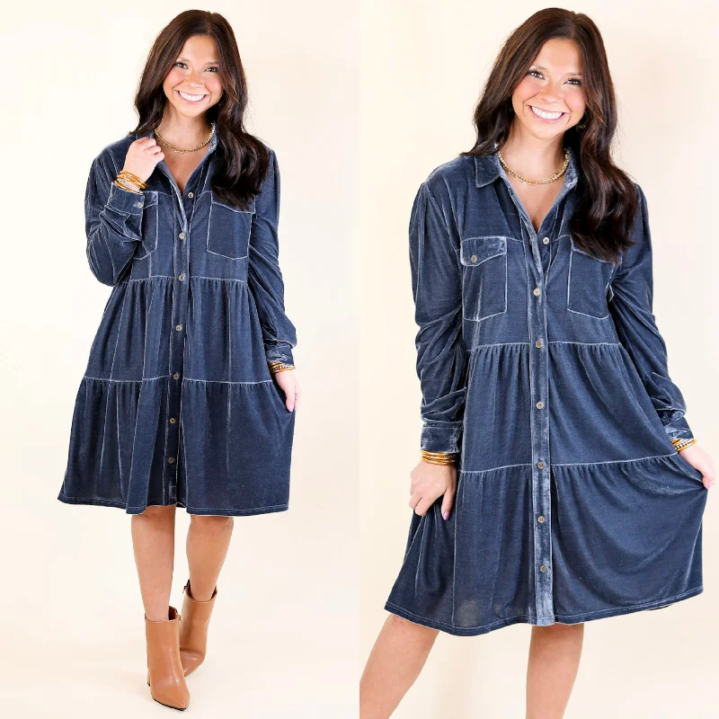 Sustainable Fashion Extravaganza Grateful Gathering Velvet Button Up Dress with Long Sleeves in Steel Blue