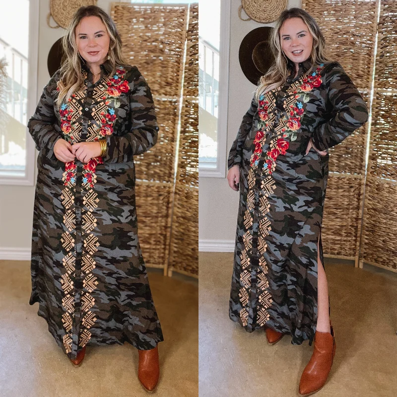 Budget Friendly I'm All That Long Camouflage Button Up Dress with Floral Print Embroidery