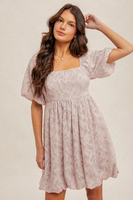 Dress In Style With Our Special Clothing Promotions Lavender Chiffon Jacquard Print Square Neck Bubble Dress Dress In Style With Our Special Clothing Promotions Lavender Chiffon Jacquard Print Square Neck Bubble Dress