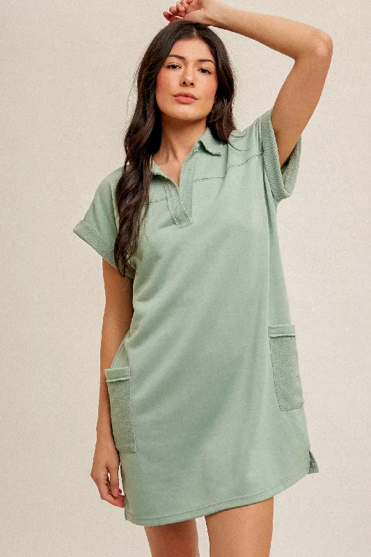Hurry! Special Deals Ending Soon Mint Terry Cuff Sleeve Pocketed Collared Dress
