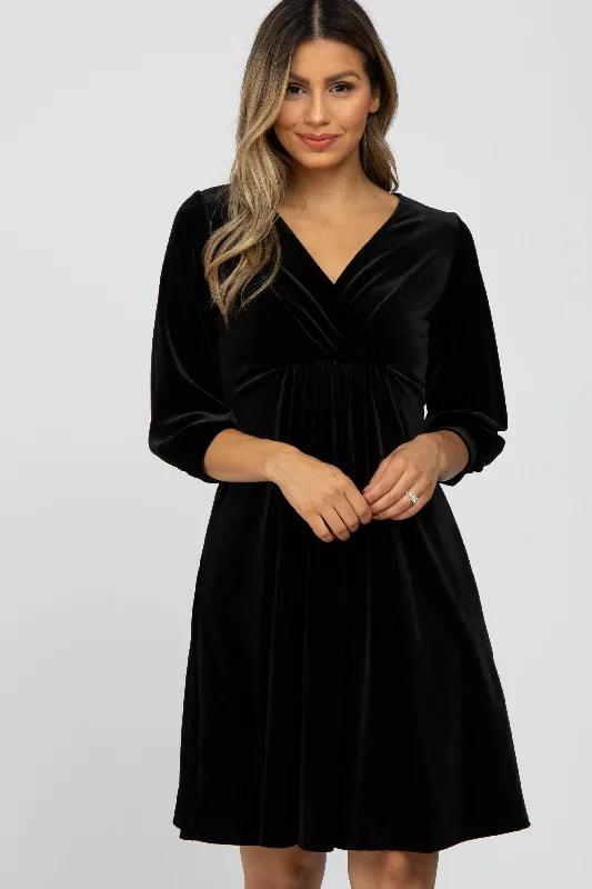 Limited Stock, Grab Yours Today Black Velvet Wrap Front Babydoll Dress