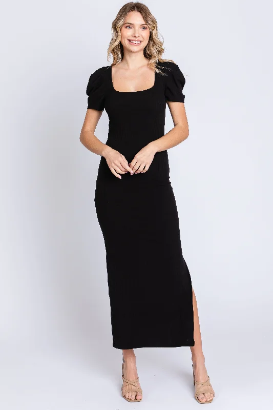 Exclusive Deals You Can't Resist Black Ribbed Square Neck Side Slit Dress