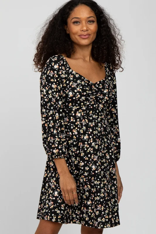 Exclusive Designer Style Deals Black Floral Ribbed Ruched Bust Dress