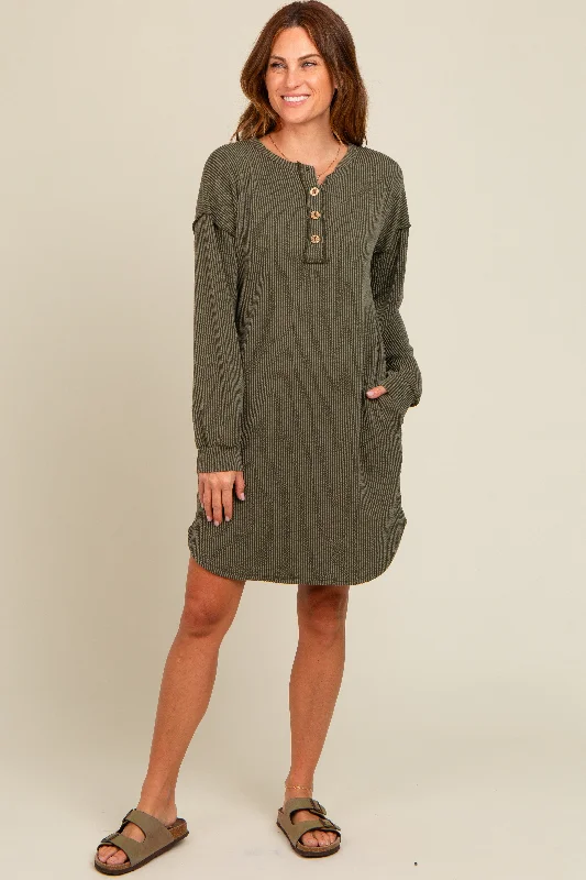 Chic Styles, Sharp Prices Olive Ribbed Button Accent Dress