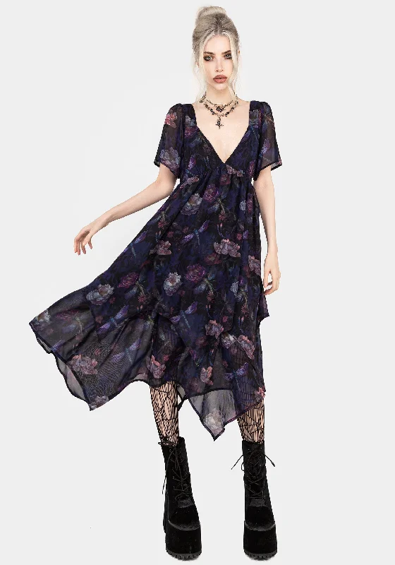 Relaxed Fashion Dragonfly Floral Print Chiffon Handkerchief Hem Dress
