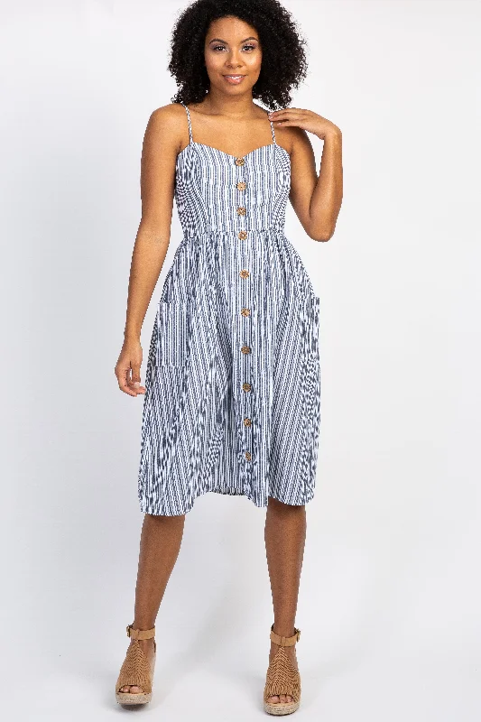 Trendy Outfits At Exclusive Discounts – Don't Miss Out Navy Striped Sweetheart Button Front Dress