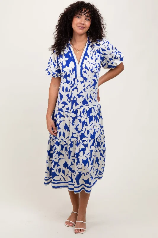 The Best Time To Shop Is Now Blue Botanical Print A Line Tiered Dress