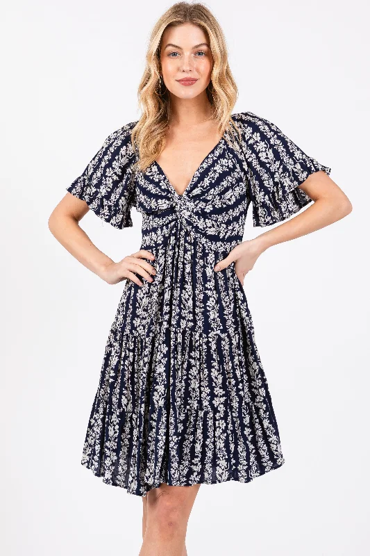 Statement Fashion Offers Navy Blue Floral Front Knot Twist Dress
