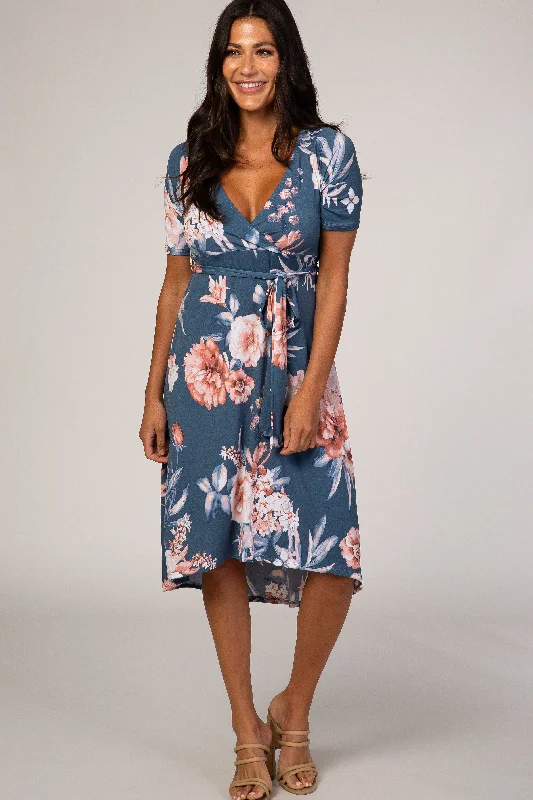 Discounted Prices, Elevated Looks Blue Floral Draped Hi-Low Dress