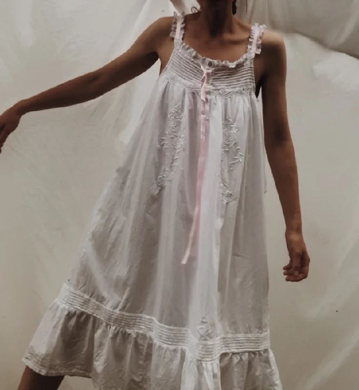 Top 10 Women's Online Clothing Stores 100% RECYCLED COTTON - NIGHTINGALE HAND SMOCKED DRESS WHITE WITH PINK RIBBON