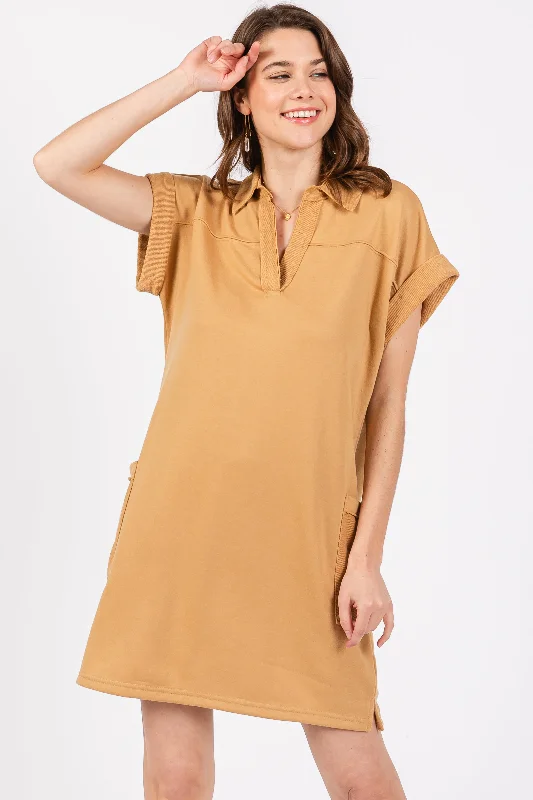 Massive Savings On New Arrivals Mustard Terry Cuff Sleeve Pocketed Collared Dress