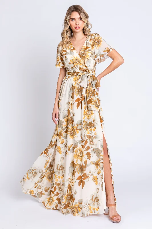 Women's Fashion Essentials At Unbeatable Discounts Cream Floral V-Neck Side Slit Dress