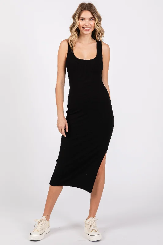 Your Shopping Spree Starts Here Black Ribbed Knit Sleeveless Side Slit Dress