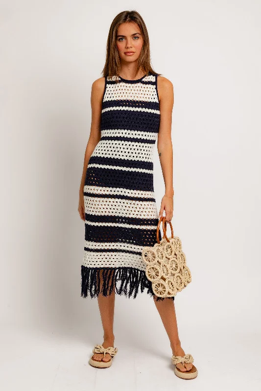 Flash Weekend Discounts – Shop Now Navy Striped Crochet Fringe Coverup Dress