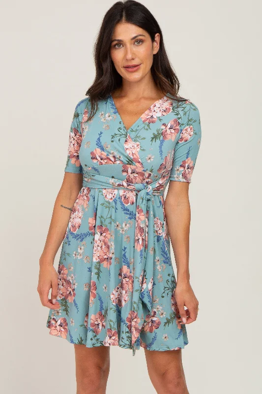 Flash Sale All Weekend Long Mint Green Floral Waist Tie Dress