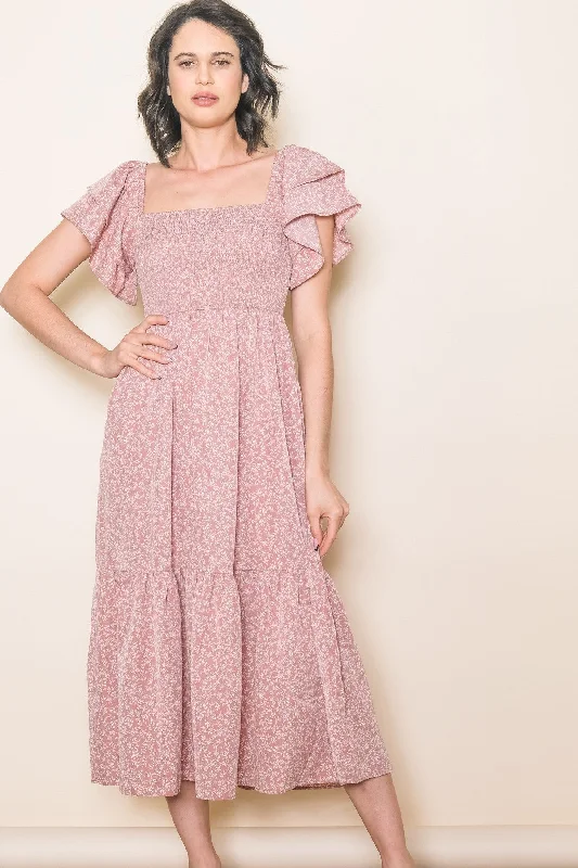 Get Ready For The Weekend With Big Savings Mauve Floral Flutter Sleeve Tiered Dress