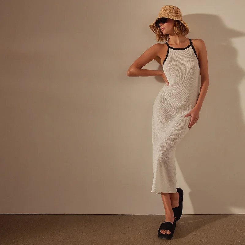 Women's Attire Stretch Linen Ribbed Dress - White/Black
