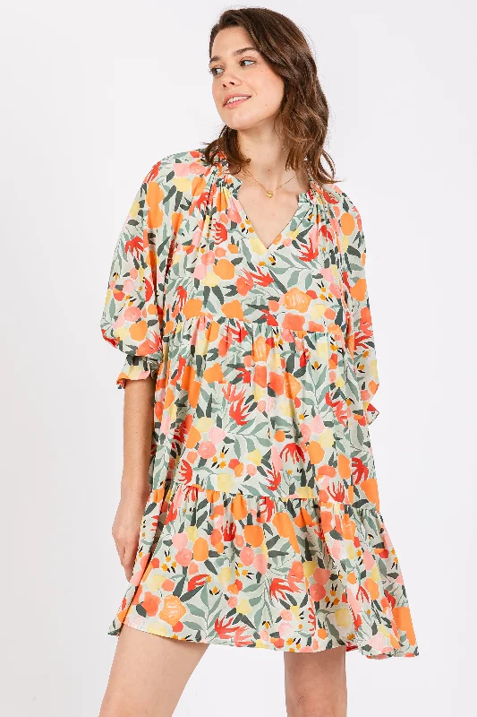 Shop Now And Enjoy Exclusive Savings Peach Fruit Print Long Sleeve Tiered Dress