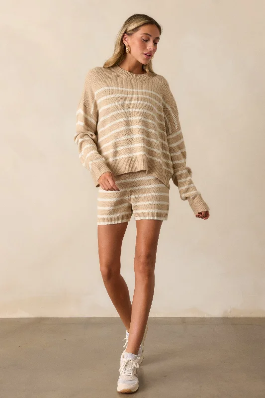 Online Boutique Clothing Espresso Dream Taupe And Ivory Stripe Knit Shorts