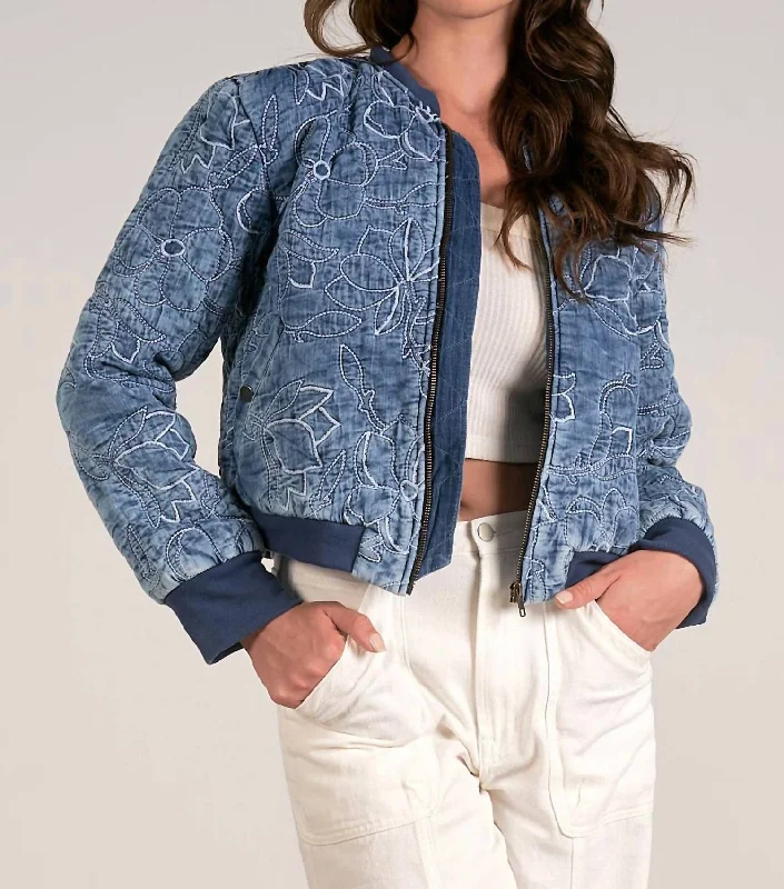 Women's Casual Attire Floral Quilted Bomber In Blue